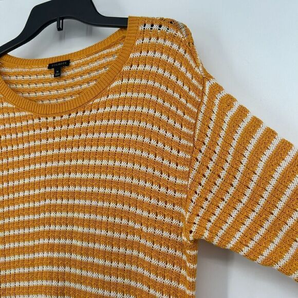 Talbots Mustard Yellow Stripe Open Knit Tunic Sweater 3/4 Sleeves Crew Neck Sz M - Picture 3 of 10